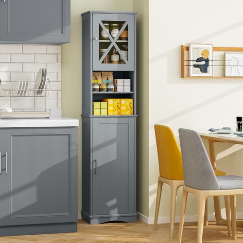 COSTWAY Armario Alto, Mueble Columna de Baño con 2 Puertas y 2 Compartimentos Abiertos, Armario Independiente de Despensa con 5 Estantes Ajustables, Mueble Estrecho con Dispositivo Antivuelco - imagen 8