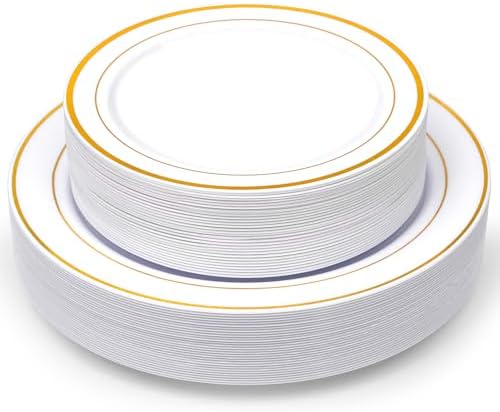 Homy Feel 60 pcs Round White Plastic Plates with Gold Rim - Includes 30 Dinner Plates & 30 Dessert Plates for Party Supplies image 4