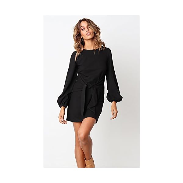 PRETTYGARDEN-Womens-Elegant-Long-Lantern-Sleeve-Short-Dress-Crewneck-Tie-Waist-Knit-Cocktail-Dress PRETTYGARDEN Women’s Elegant Long Lantern Sleeve Short Dress Crewneck Tie Waist Knit Cocktail Dress Black