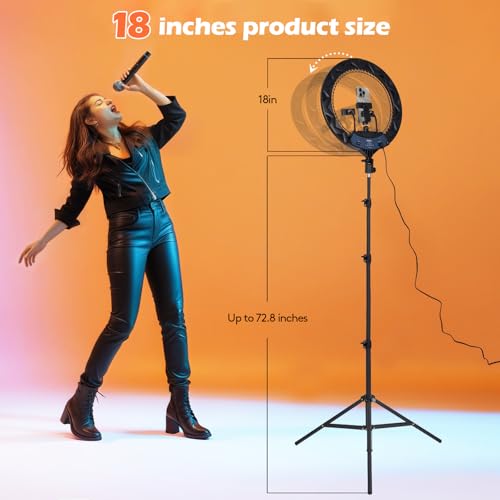 Image of GWO 18 inch LED Ring Light with Tripod Stand 6000K Dimmable Makeup Selfie Light with Touch Panel Phone Holders for YouTube Vlog Video Shooting Include Carrying Bag and Remote Control CRI>90