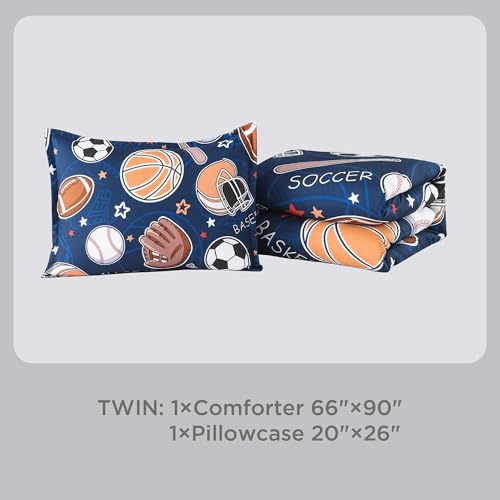 Image of Andency Soccer Basketball Baseball Football Comforter Set Twin(66 inchx90 inch), Sport Polyester Bedding Set for Boys Girls Kids Teens, Cartoon Ball Games Comforter 2 Pieces(1 Comforter, 1 Pillowcase)