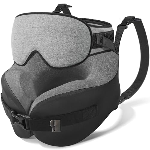 Image of YFONG Travel Pillow with Head Support & Sleep Mask for Long Flights, Grey | Patented 360 Support System, Prevents Bobbing, Airplane Head Strap, 3D Eye Mask, Memory Foam Neck Pillow, Travel Essential