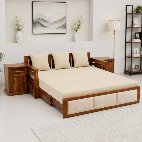 Image of SONA ART & CRAFTS Zeus Sheesham Wood 3 Seater Sofa Cum Bed with Bedside | Wooden 3 Seater Sofa for Living Room Wooden Furniture Sofa Bed for Home (Natural Finish)