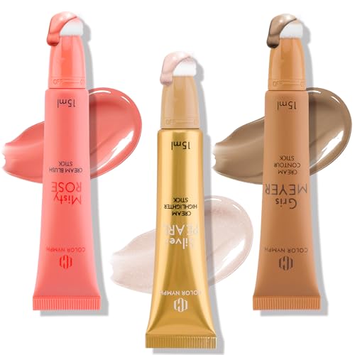 Color Nymph Liquid Makeup Wand Combo, Hydrating Light Tan Contour Glow Liquid Highlighter Pigmented Blush For Cheeks Fine Texture Natural Blend Long Lasting (Light Tan Contour+Blush+Highlighter)