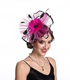 SAFERIN Fascinators Hat Flower Mesh Ribbons Feathers on a Headband and a Clip Tea Party for Girls and Women (TA1-Rose Pink+Black)