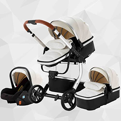 Lulicy Baby Stroller Accessories Baby Stroller with Base PU Leather Newborn Reversible Bassinet Pram Anti-Shock Toddler Pushchair Stroller (Color : White)
