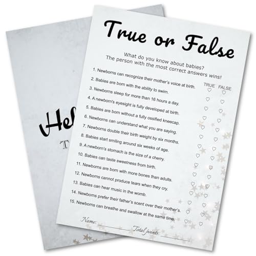 WENFLY Baby Shower True or False Trivia Game Cards - 30 Player Minimalist Party Game Kit, Light Gray Stars Design, Ready to Play with Answer Keys, 5x7 Inch (True or False)