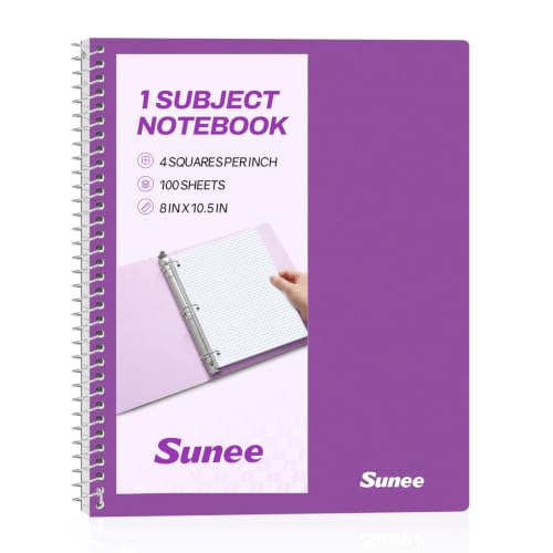 SUNEE Spiral Notebook, 1-Subject, Graph Ruled Paper, 8" x 10-1/2", 100 Sheets per Notebook, 3-Hole Punched Paper, Water Resistant Cover, Spiral Grid Notebooks for Work, Home, School, Dark Purple