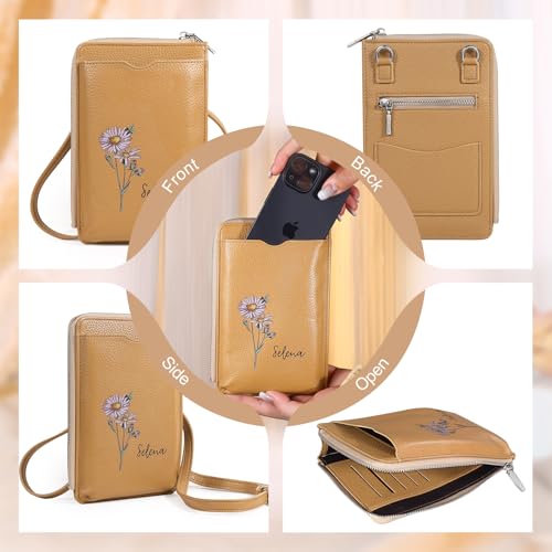 Personalized Leather Birthflower Wallet for Daughter - Custom Hold Phone Purse with Wrist Strap for Women Wife Engraved Name Money Clip for Mom Sister Gifts for Valentine's Day Christmas Birthday3