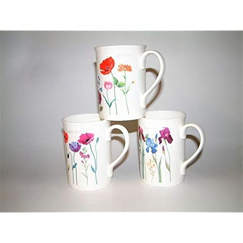 Bone China Set of 3 Mugs with Garden stem Flowers Design Cover