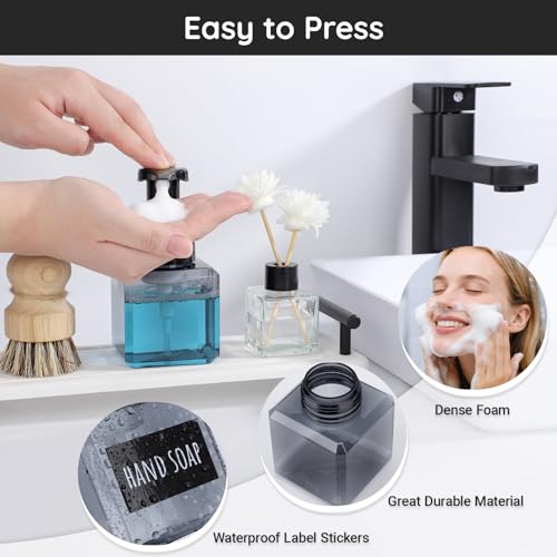 Image of Segbeauty Foam Soap Dispenser for Kitchen Sink 8.5oz, 4pcs Sqaure Foam Pump Bottle Set Gray 250ml, Small Plastic Foaming Soap Dispenser Bathroom, Leakproof Empty Foaming Pump Bottles with Stickers