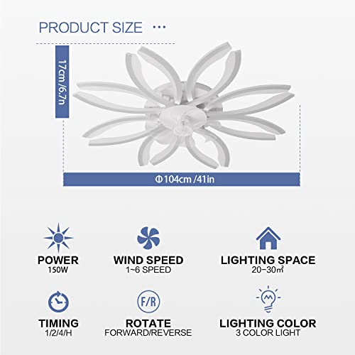 CIIAUM 41" Modern Ceiling Fan with Lights and Remote Control, Dimmable 6 Speed Reversible Blades, LED Flush Mount Bladeless Low Profile Ceiling Fan Flower Lamps for Living Room, Fan Ceiling Lamp 150W