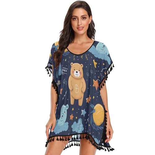 KAAVIYO Cute Bear Blue Star Women's Beach Cover Up Chiffon Tassel Swimwear Swimsuit Coverups for Girl