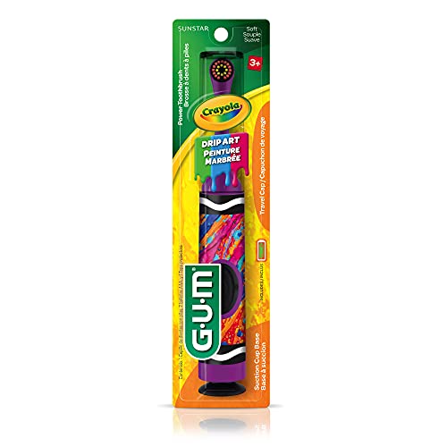 Image of GUM Crayola Drip Art Kids Power Soft Toothbrush, Ages 3+, 1 Count (4 Pack) | Oscillating small head, Suction cup base and travel cap, Batteries included