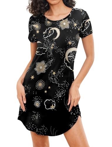 Image of Ekouaer Women Nightdress Short Sleeve Nightshirt Round neck Black Star XS