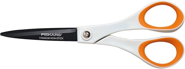 Fiskars Titanium Non-Stick Scissors 18 cm, For Right- and Left-handed Users, Titanium Coating/Stainless Steel Blade/Plastic Handles, White/Orange, 1004720
