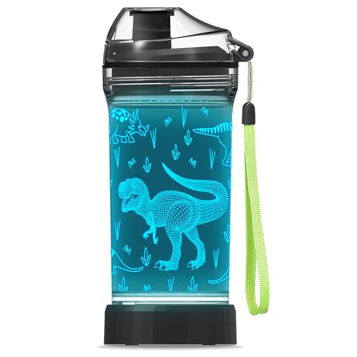YuanDian Dinosaur Water Bottle, Light Up Boy Drinking Cups with 3D Dinosaur Night Light- 14 OZ Tritan BPA Free Eco-Friendly - Cool Jurassic Park Merchandise Gift for School Kids Boy Girl