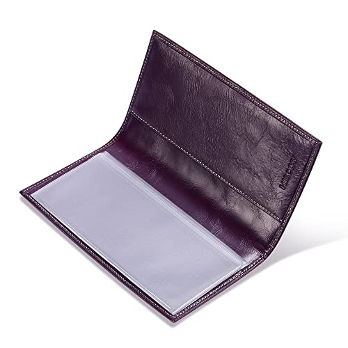Image of HISCOW Slim Leather Checkbook Cover for Personal Checks, Antiqued Purple, One Size, Minimalist | Full grain cowhide, transaction register & check book pockets, removable duplicate divider, durable stitching, gifts for men