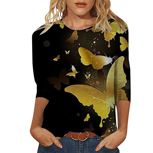 Tops Women Casual Summer Women's Round Neck Seven Point Sleeve T Shirt Butterfly Print Lightweight Summer (A1-A, M) #TOP13