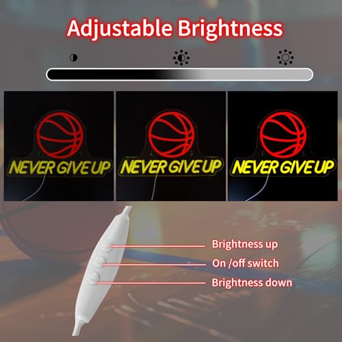 Image of Never Give Up Basketball Neon Sign - 17 inchx10 inch Wall Decor for Boys Bedroom Classroom, Dimmable LED Neon Light Sign for Gym Man Cave Decor, Motivational Gift for Teen Boys, Men & Basketball Lovers - USB Powered (Red & Yellow)