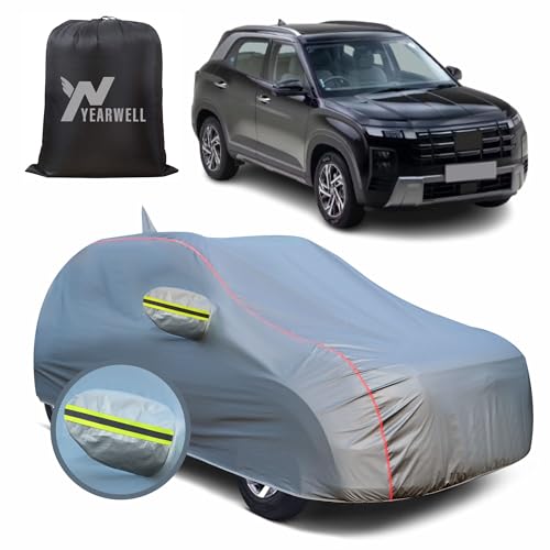 Image of Car Body Cover for Hyundai Creta, 100% Waterproof, Heat-Resistant with Mirror & Antenna Pockets, Soft Cotton Lining, Triple Stitched, Green Reflector (Metallic Grey)