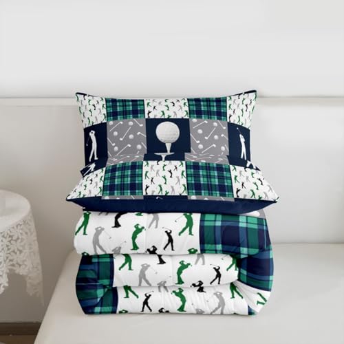 Image of Feelyou Golf Comforter Set King Size Blue Green Plaid Buffalo Check Geometric Bedding Set for Kids Boys Girls Sports Theme Duvet Quilt Bedroom Decor Microfiber 3 Pcs with 2 Pillow Cases