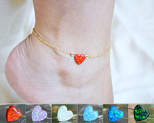 Custom Ankle bracelet Opal heart. Gold - Sterling silver anklet. Adjustable 7.5-11