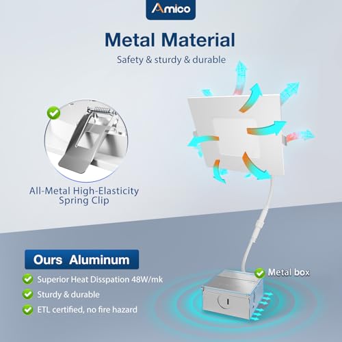 Amico 6 Pack 4 Inch Ultra-Thin LED Square Recessed Light with Junction Box, 5CCT 2700K/3000K/3500K/4000K/5000K Selectable, 700LM Brightness, Dimmable Canless Wafer Downlight, 10W, ETL&FCC by Amico - Image 4