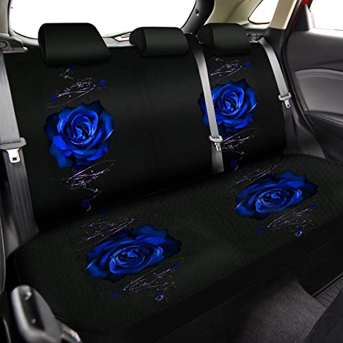 15 Pcs Rose Art Flower Car Seat Covers Full Set For Women Rubber Steering Wheel Cover Armrest Cover Seatbelt Covers Polyester Fabric Front Seat Rear Backrest Cover Bottom Cover Universal (Blue) #TOP2