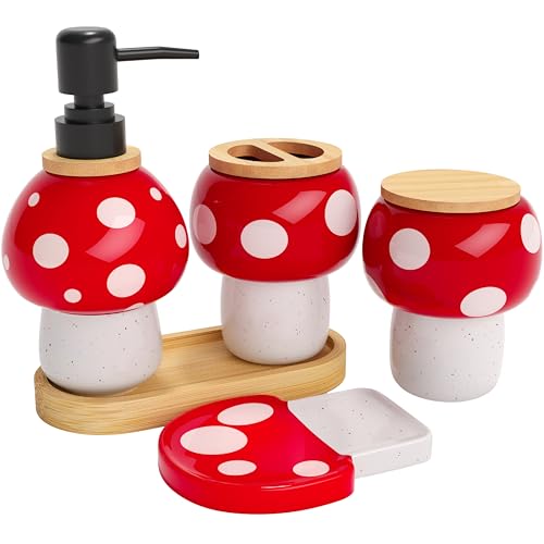 Wendiver Mushroom Bathroom Decor Set – Ceramic Soap Dispenser, Toothbrush