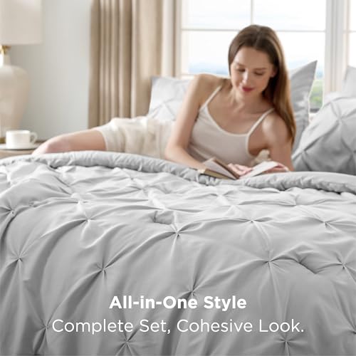 Image of Bedsure King Size Comforter Set Light Grey - Bed in a Bag Bedding Set 7 Pieces, GentleSoft Pintuck Bed Set Gift for Family, All Season Down Alternative Comforter with Sheets, Pillowcases & Shams