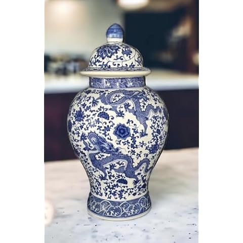 20" Classic Blue and White Porcelain Floral Temple Dragon Jar Vase, China Ming Style, Jingdezhen Cover