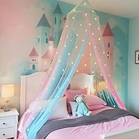 Eimilaly Two-tone Bed Canopy Stars Glow in the Dark Pink Blue, Mosquito Net Bed Canopy for Girls Room Decor, Single Door