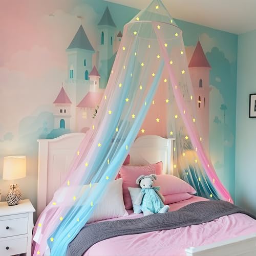 Image of Two-Tone Bed Canopy Mosquito Net, Bed Canopy for Girls Room Decor - Insect Protection Hanging Canopy for Indoor(Pink+Blue,Stars Glow in the Dark)