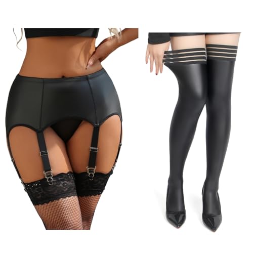 Porte jarretelles sexy femme cuir PU bas autofixant grande taille noir sous-vêtement taille M