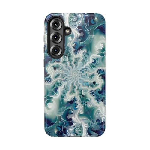 Coque Samsung S25 Plus motif tourbillon fractal bleu vert rigide brillante