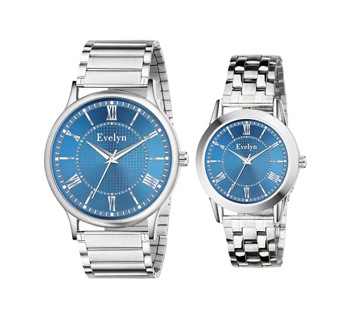 Evelyn Couple Watches, Blue Dial, Stainless Steel Band, Roman Num...