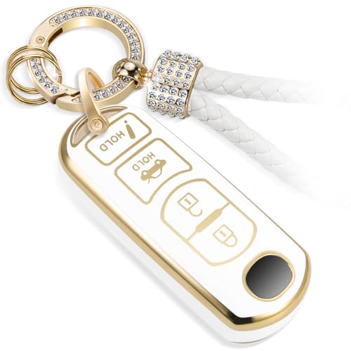 Image of Key Fob Cover for Mazda, Rhinestone Loop Keychain Case, Gold Edge
