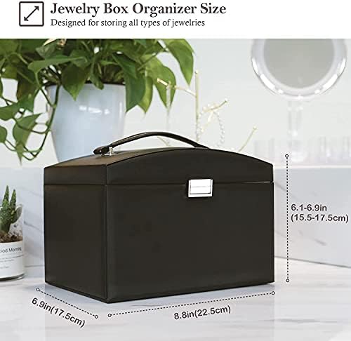 ProCase Large Jewellery Box Organizer for Women Girls Mother's Day Gift, 3 Layers Leather Jewelry Display Storage Holder Case with Lock Handle for Earrings Bracelets Rings Watches -Black