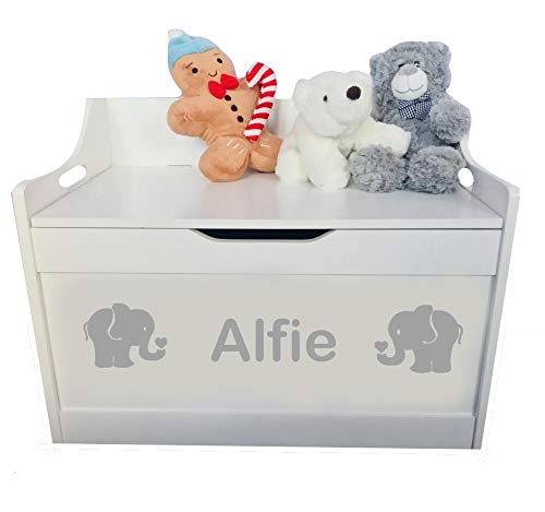 Image of Little Secrets Gifts Personalised White Wooden Toy Box with Elephant Design Nursery Storage 62cm x 40cm x 47cm