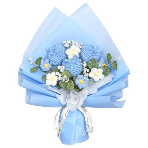 Dremisland Ramo de flores de malha de crochê tulipas de crochê azuis tulipas falsas tecido à mão ramo de tulipa tecido para aniversário dia da mãe dia dos namorados