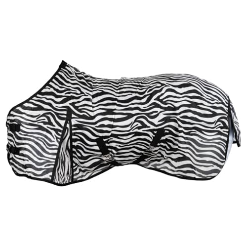 RL24 - Zebra Fliegendecke mit Kreuzgurt – reißfeste & feinmaschige Pferdedecke – Weidedecke zum Schutz vor Insekten – mit Schweifriemen & extra Langen Seiten – Outdoor-Pferdedecke – 135 cm