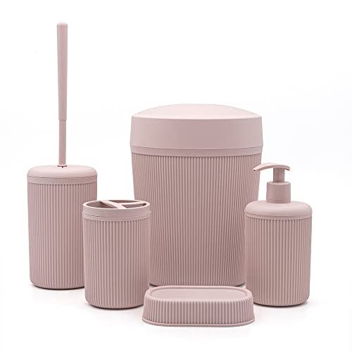 Set bagno accessori completo – 5 pezzi, kit accessori appoggio colorato rosa, include dispenser, portaspazzolini, portasapone, scopino wc e pattumiera 4,2 lt, linea Ring