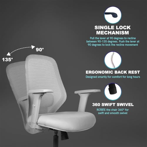 Image of Kepler Brooks Verve Office Chair for Work | 3-Year Warranty | Ergonomic Office Chair, Study Chair for Home, 2D Arms, Adjustable Lumbar, Single Lock Recliner, Heavy Duty Nylon Base (Grey)