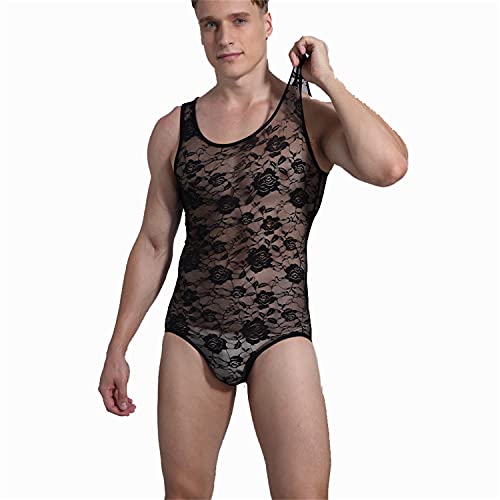 Generic, Mens Sheer Lace Lingerie Bodysuit Sissy Pouch Thong Leotard Crossdress Cross Dresser Sissy G String Leotards (Black,Small) #TOP1
