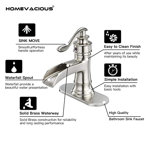 Bathroom Faucet Brushed Nickel Waterfall Single Hole Sink Vanity With Pop Up Drain Assembly Stopper Basin Satin Overflow One Handle Commercial Lavatory Deck Mount Supply Lines Lead-Free By Homevacious #TOP6