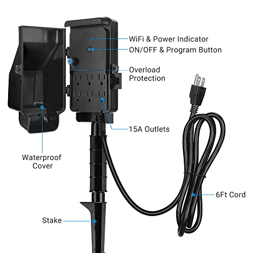 Image of DEWENWILS WiFi Smart Yard Stake Plug with 6 Outlets, Voice Control, Waterproof Power Stake Timer with 6Ft Cord, Alexa&Google Assistant Compatible, 1875W /15A, for Outdoor Decoration Lights