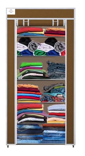 Image of CMerchants Metal Multipurpose Collapsible Organizer With Non Woven Dustproof Zip Cover For Clothes (6 Shelve) (Brown)