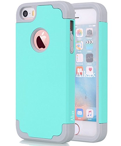 iPhone SE Case, iPhone 5S Case, iPhone 5 Case,Alkax Dual Layer Armor Heavy Duty Rugged Slim Shockproof Protection Series Protective Cover Bumper for Apple iPhone SE +Stylus (Teal/Grey)