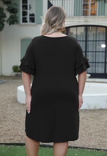 Nemidor Plus Size Casual Dresses for Curvy Women Summer Ruffle Sleeve T-Shirt Swing Mini Dress with Pocket 14-262